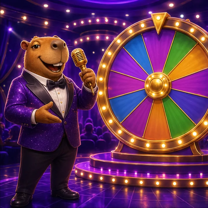 Buntes Gewinnrad mit Capybara-Moderator