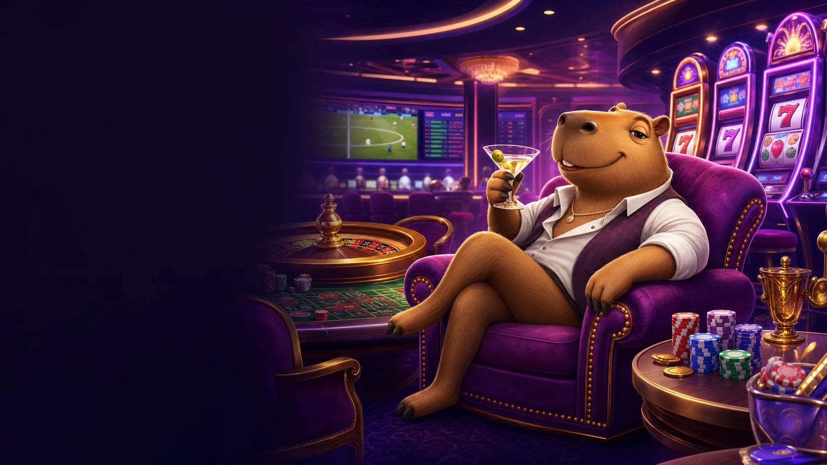 Capybara-Maskottchen in einer violetten Casino-Lounge mit Slots, Roulette und Sportbildschirm