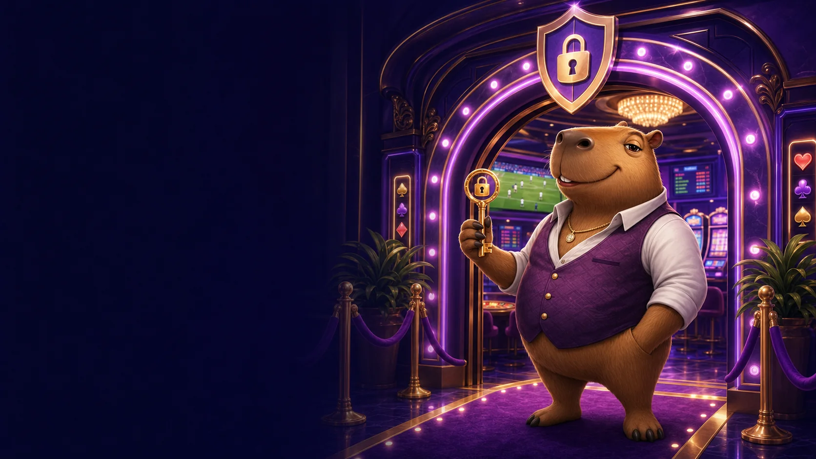 Capybara mit goldenem Schlüssel vor einem gesicherten violetten Casino-Eingang